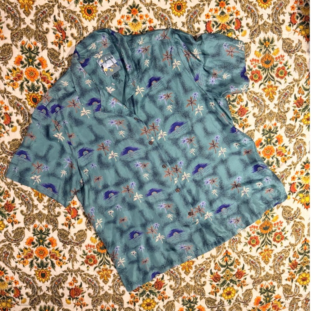 Vintage 100% Silk Hawaiian Shirt Teal Tropical Palm Tree Sunset - XL